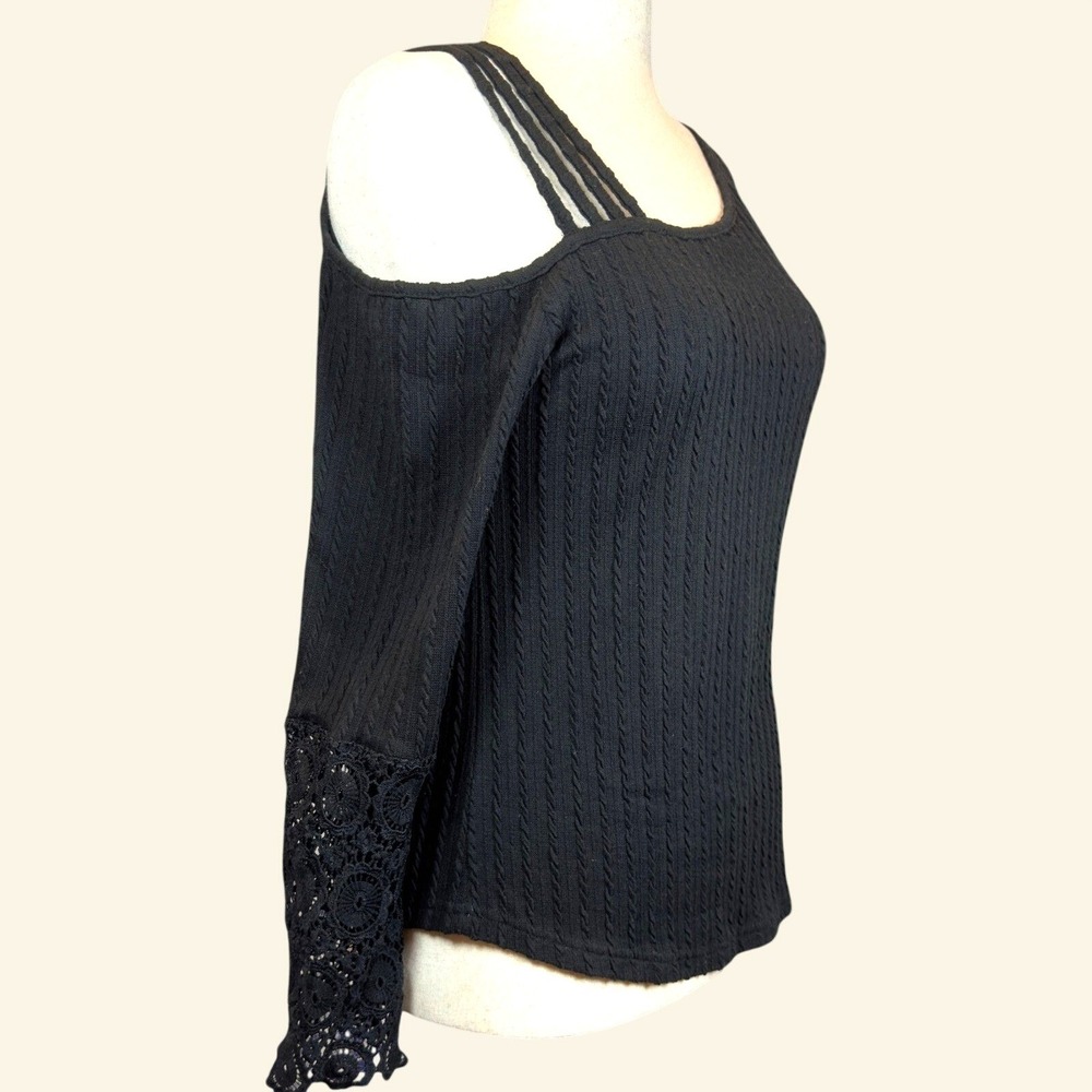 Black Cable Rib Knit Sweater M Lace Sleeve Asymmetrical Strappy Shoulder Witchy